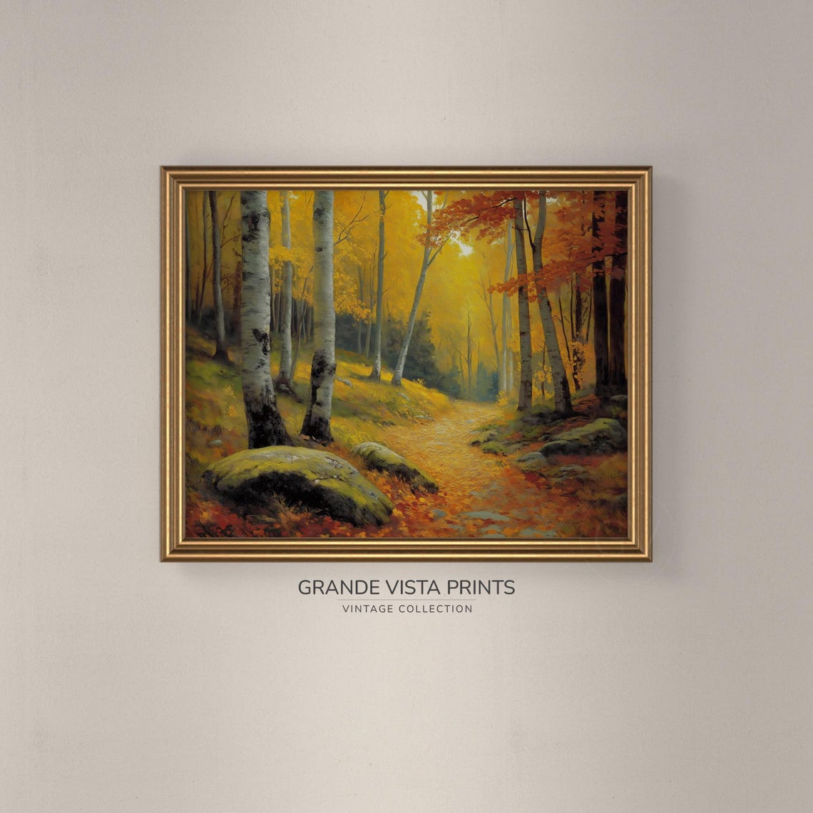 Golden Birch Grove White Trunks Mossy Rocks Sunlit Fall Forest Poster - Image 3