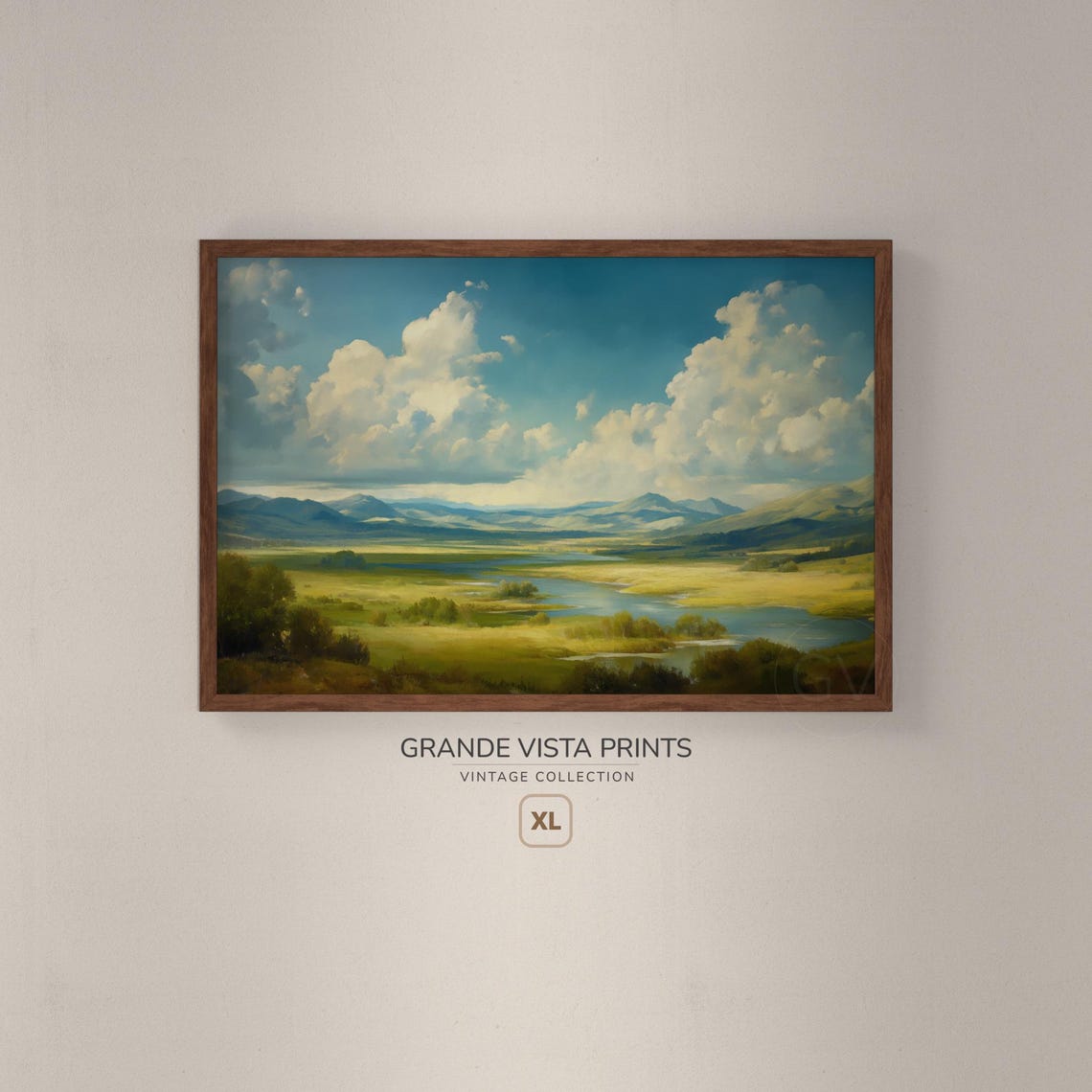 Green Valley Winding River Blue Mountains Big Clouds Landscape Poster - Image 2