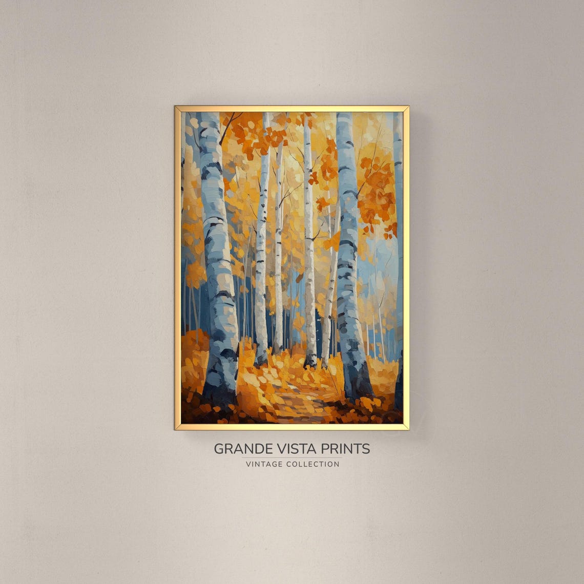 Golden Orange Birch Forest Blue Shadows Painterly Vintage Poster