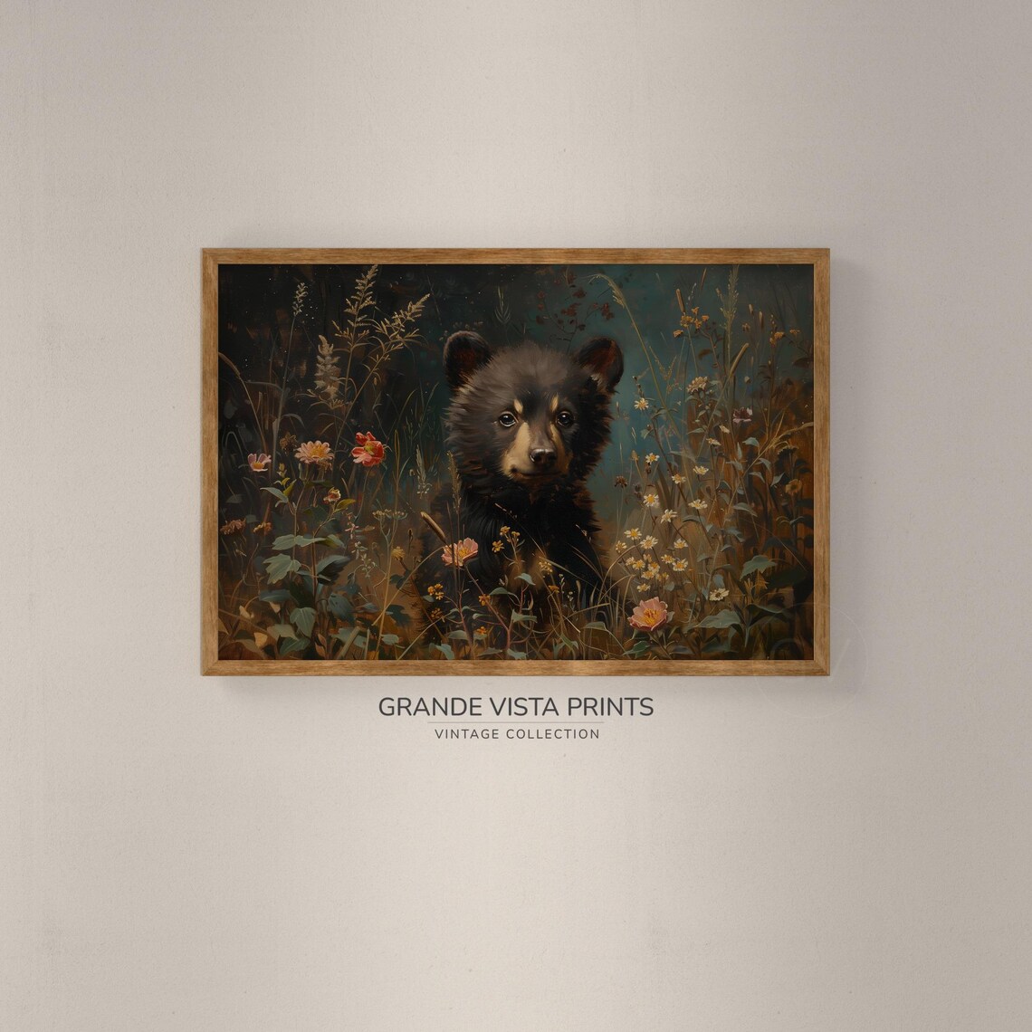 Black Bear Cub Wildflower Field Vintage Wildlife Wall Art Poster - Image 2