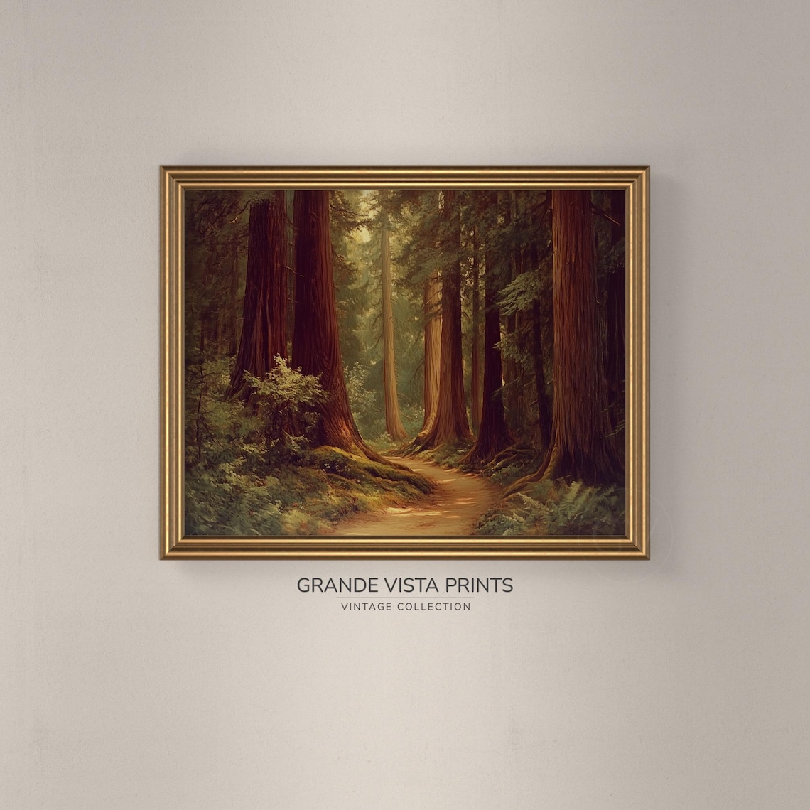 Redwood Forest Trail Towering Trees Sunlight Vintage Painting Poster - Image 3