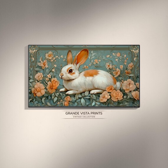 White and Orange Bunny Among Peach Roses Art Nouveau Floral Wall Art