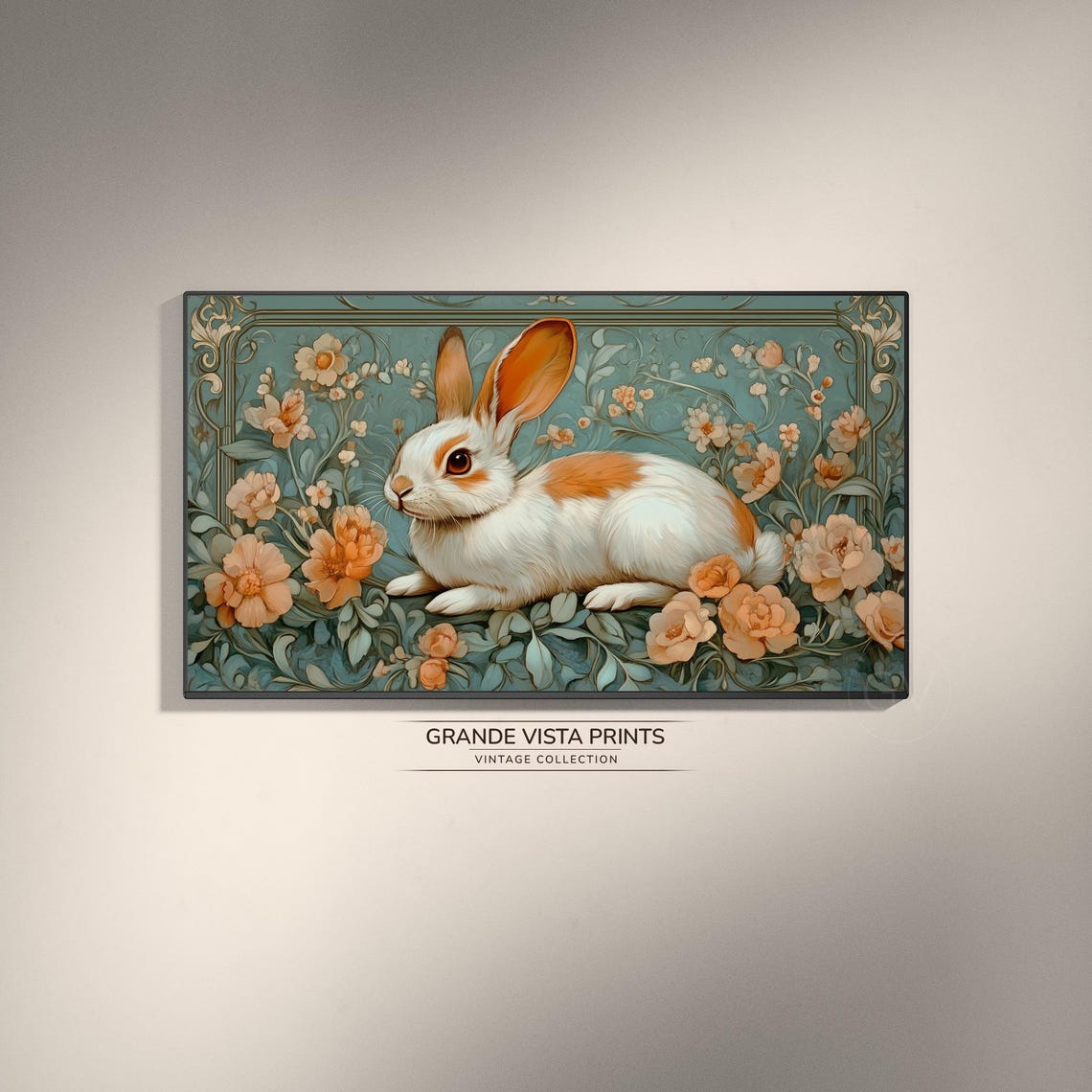 White and Orange Bunny Among Peach Roses Art Nouveau Floral Wall Art