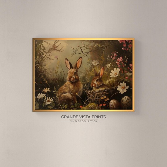 Two Brown Rabbits in Wildflower Garden Painted Eggs Easter Wall Print