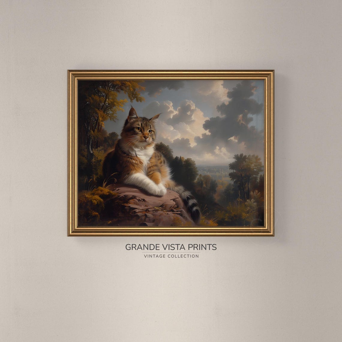 Fluffy Long Haired Tabby Cat Resting on Rocks Vintage Portrait Poster - Image 3