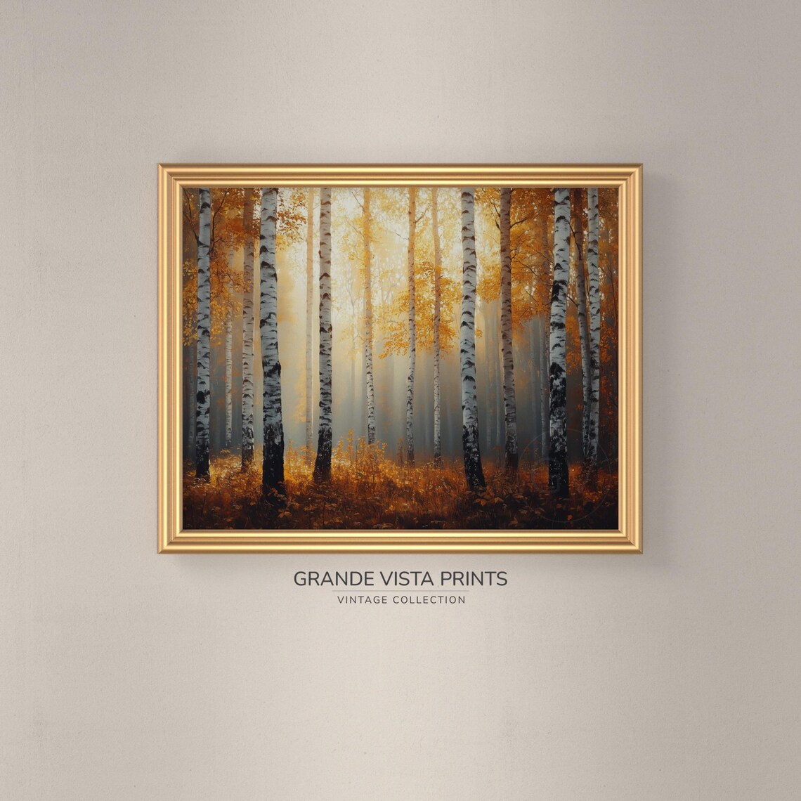 Misty Golden Birch Forest Foggy Autumn Trees Landscape Painting Poster - Image 3