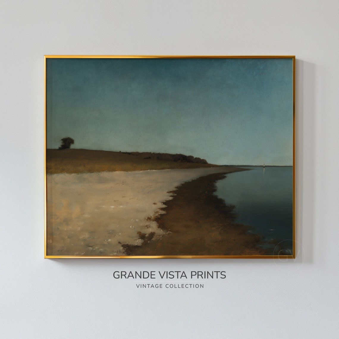 Quiet Vintage Beach Dune Grass Lone Tree Teal Sky Coastal Wall Poster - Image 3