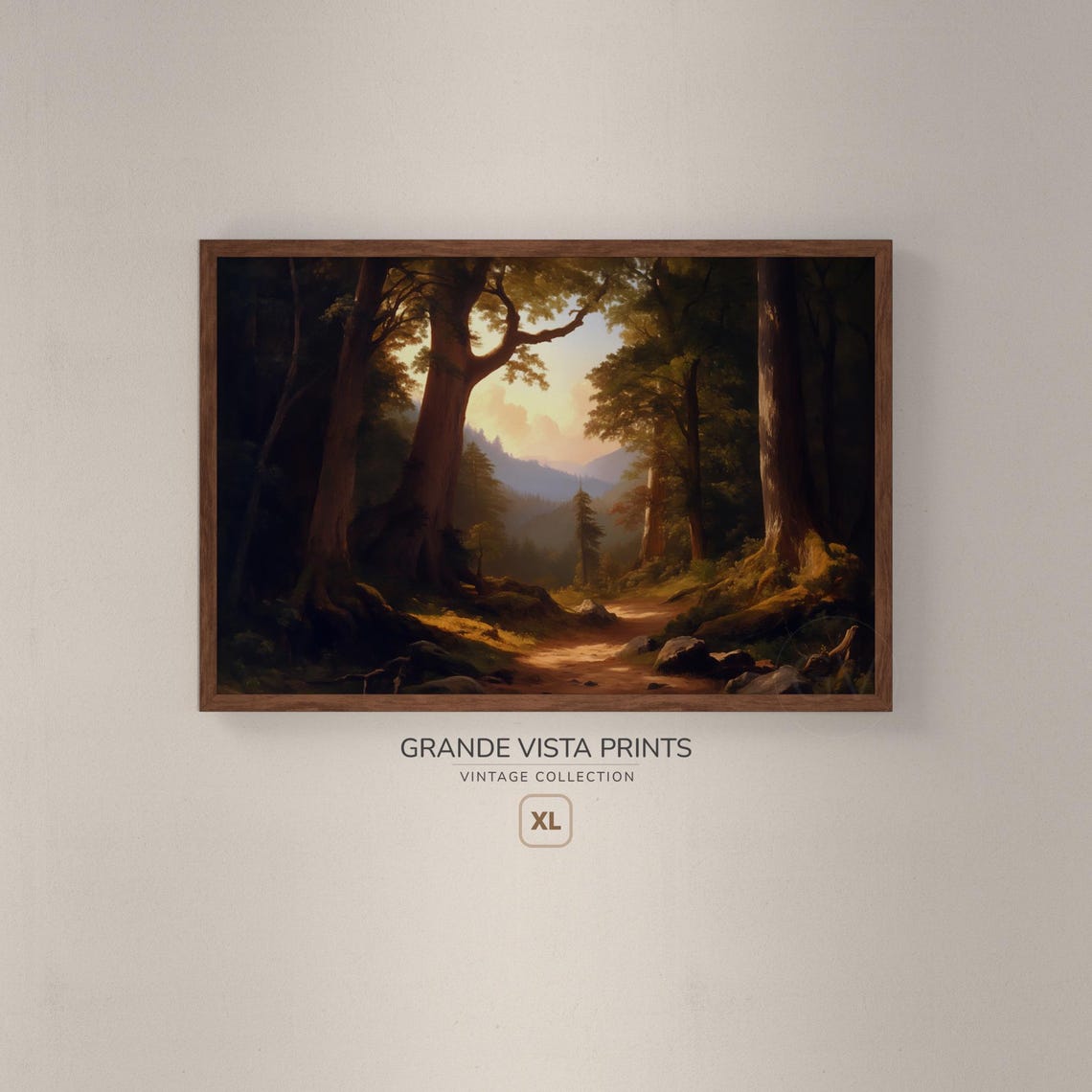 Forest Clearing Rocky Path Golden Sunset Distant Mountains Poster - Image 2