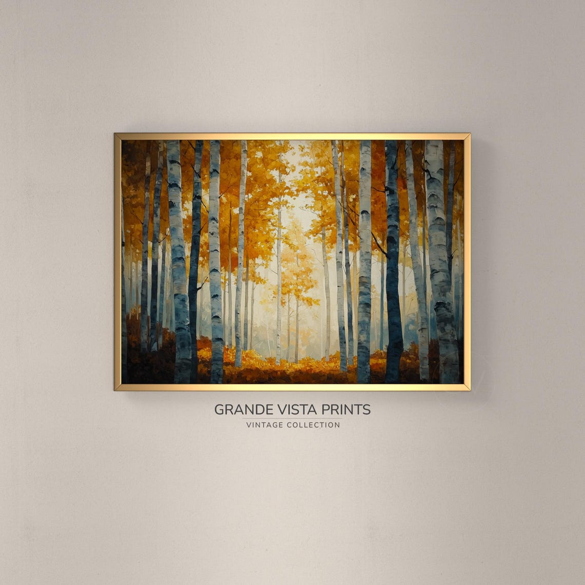Bright Golden Birch Grove White Trunks Mist Vintage Autumn Art