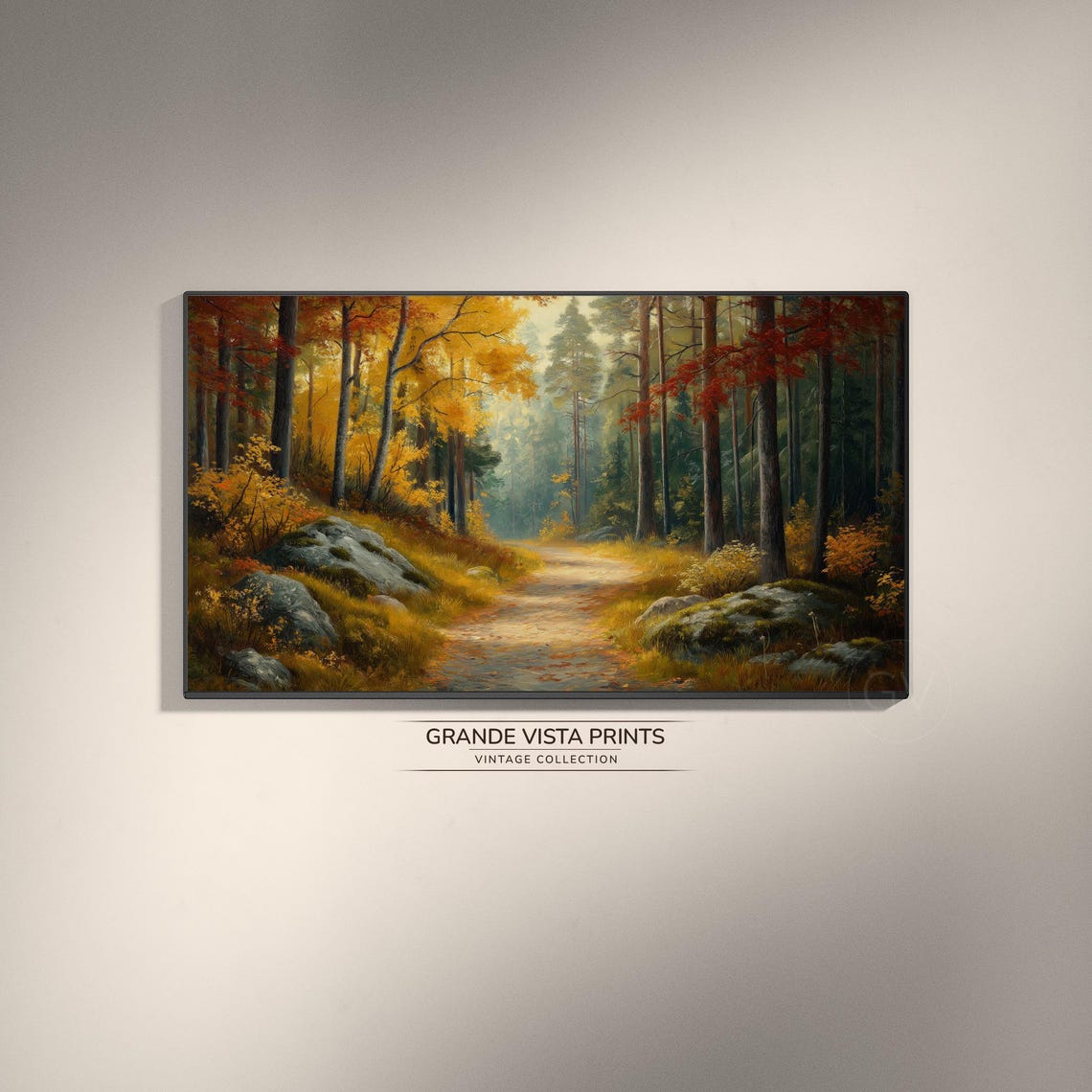Sunlit Autumn Forest Trail Tall Trees Golden Light Misty Woods Poster