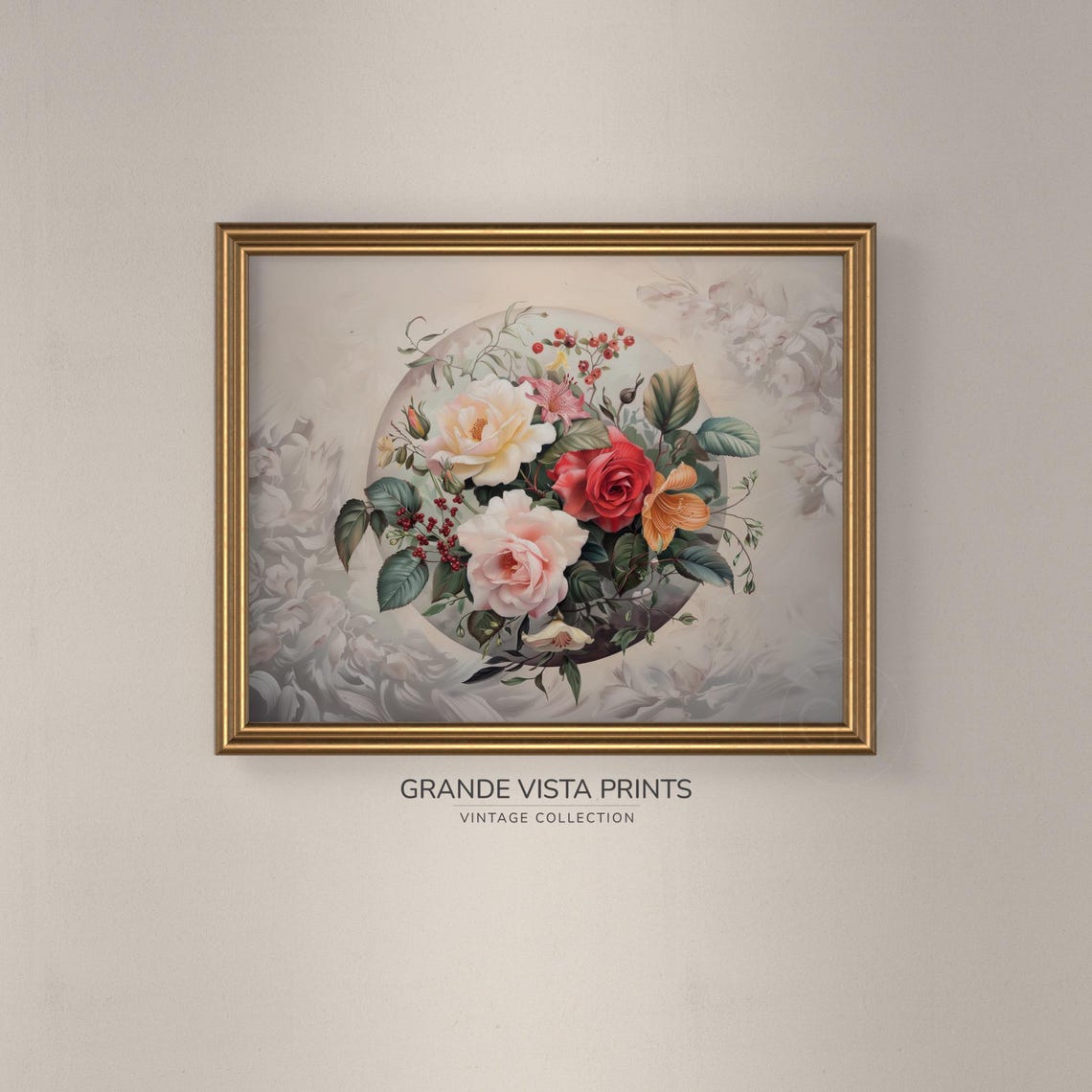 Blush Pink Red White Roses Bouquet with Lilies Vintage Floral Poster - Image 3