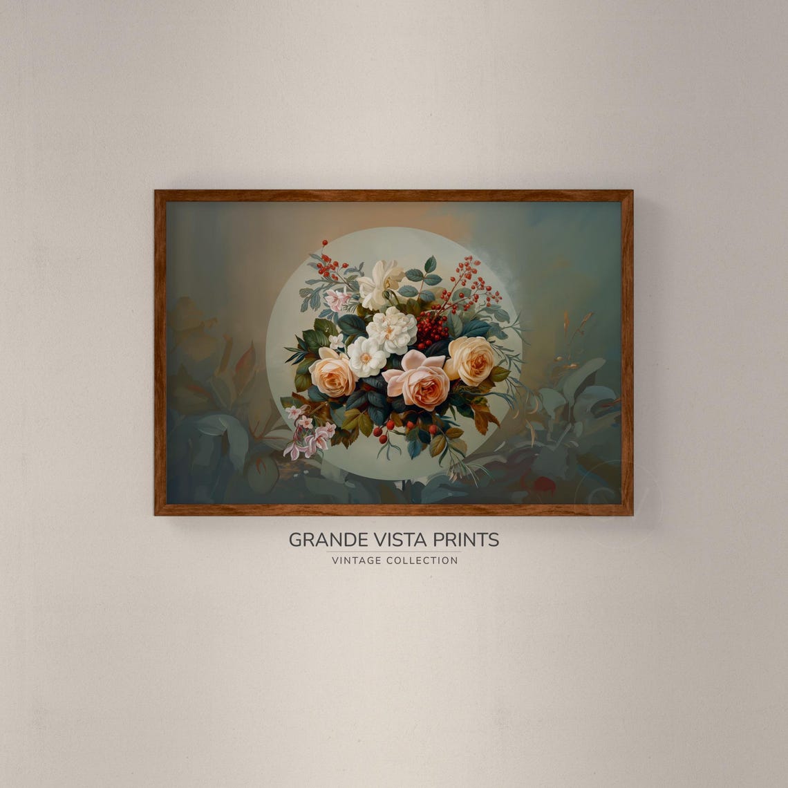 White and Peach Roses Red Berry Bouquet Circle Moody Floral Poster - Image 2