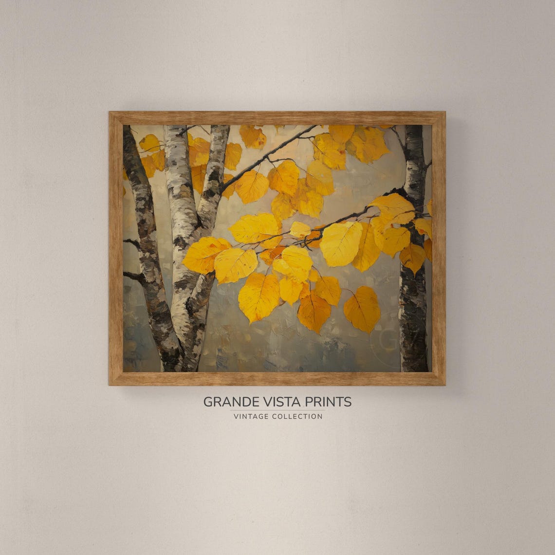 Birch Trunks Yellow Leaf Canopy Close Up Autumn Forest Painting Poster - Image 4