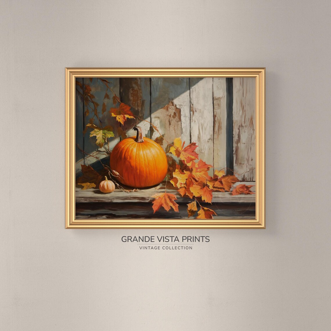 Orange Pumpkin Small Gourd Wooden Bench Weathered Boards Fall Art Poster - Image 3
