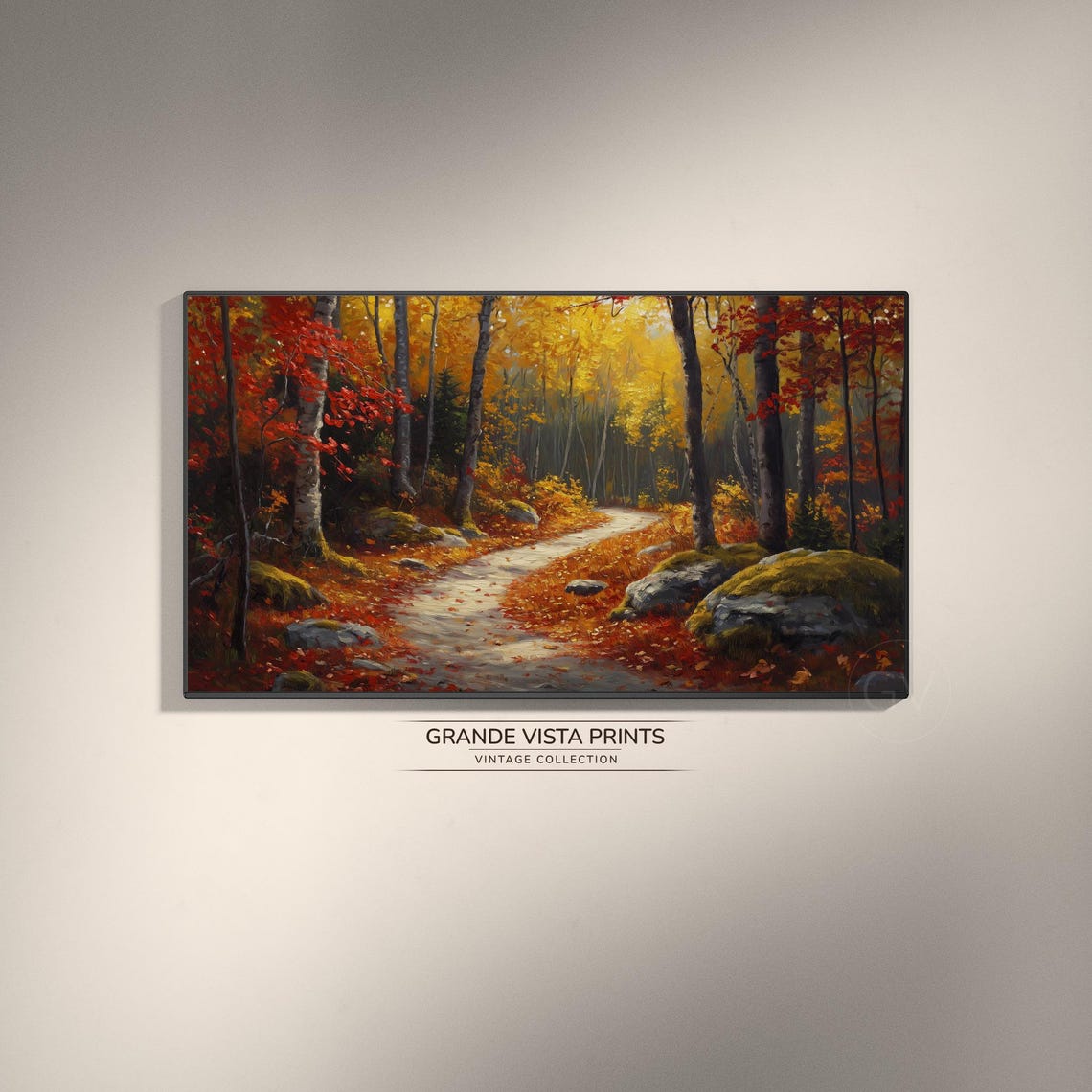 Autumn Forest Path Birch Trees Red Gold Foliage Rocky Trail Art Poster