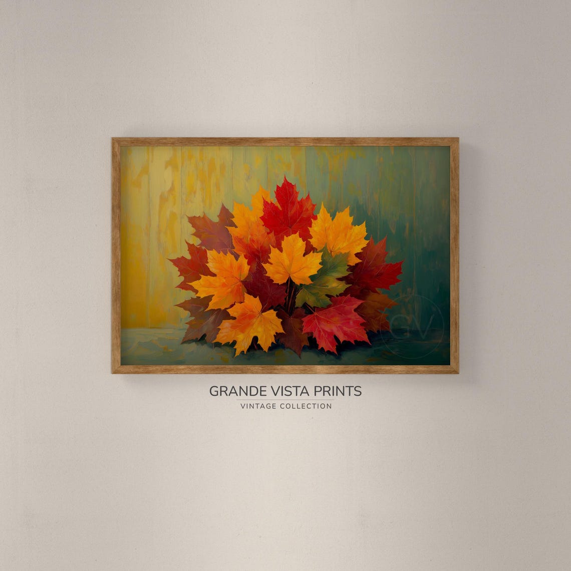 Maple Leaf Bouquet Teal Green Backdrop Fall Foliage Painting Poster - Image 2