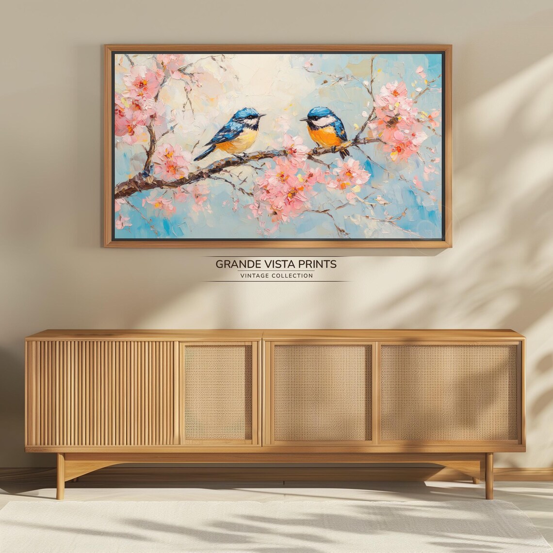 Blue and Yellow Birds on Pink Blossom Branch Impressionist Wall Art - Image 4