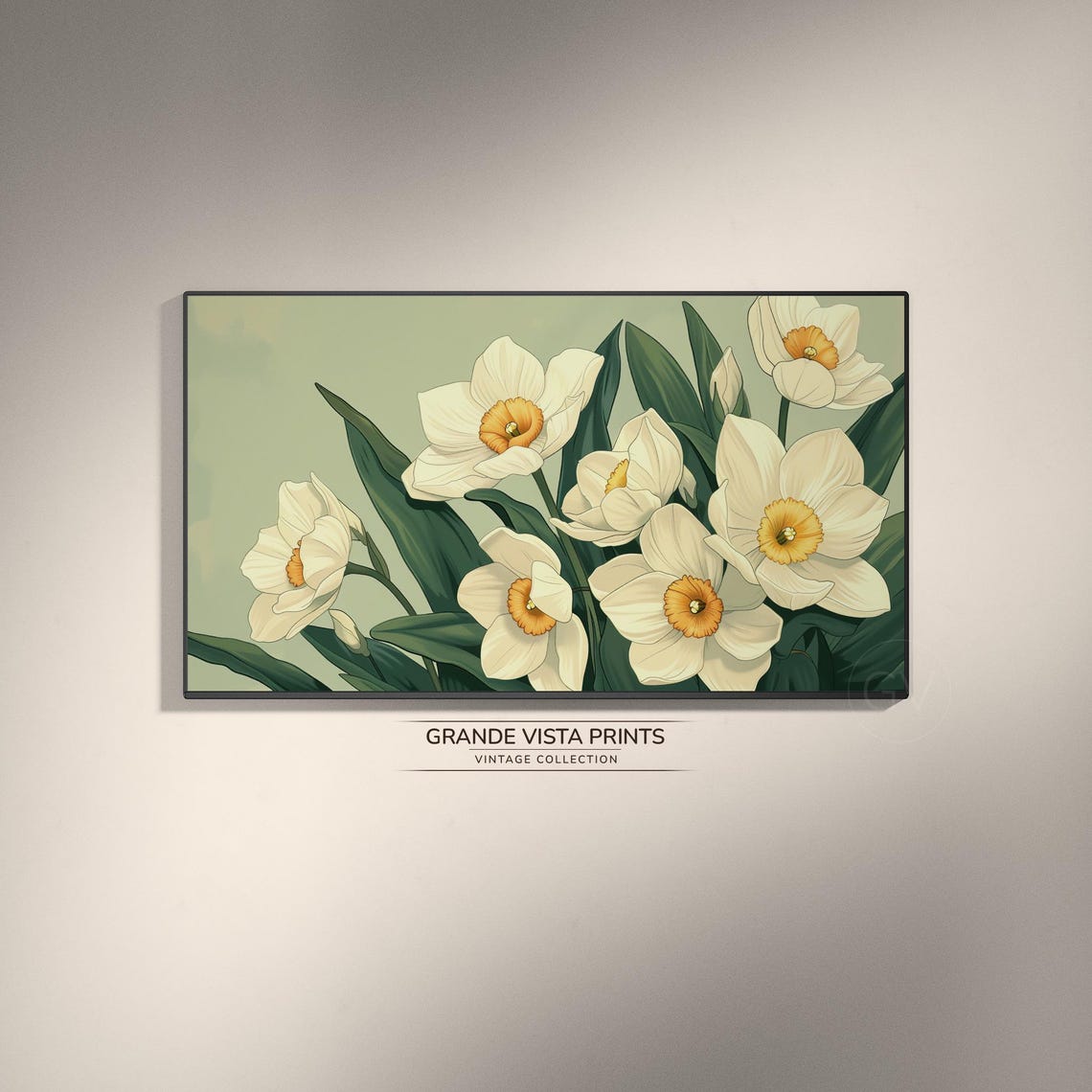 White Daffodil Blossoms Orange Cups Sage Green Botanical Wall Poster