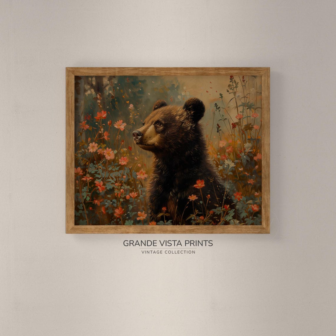 Bear Cub Red Wildflower Profile Vintage Wildlife Wall Art Poster - Image 4