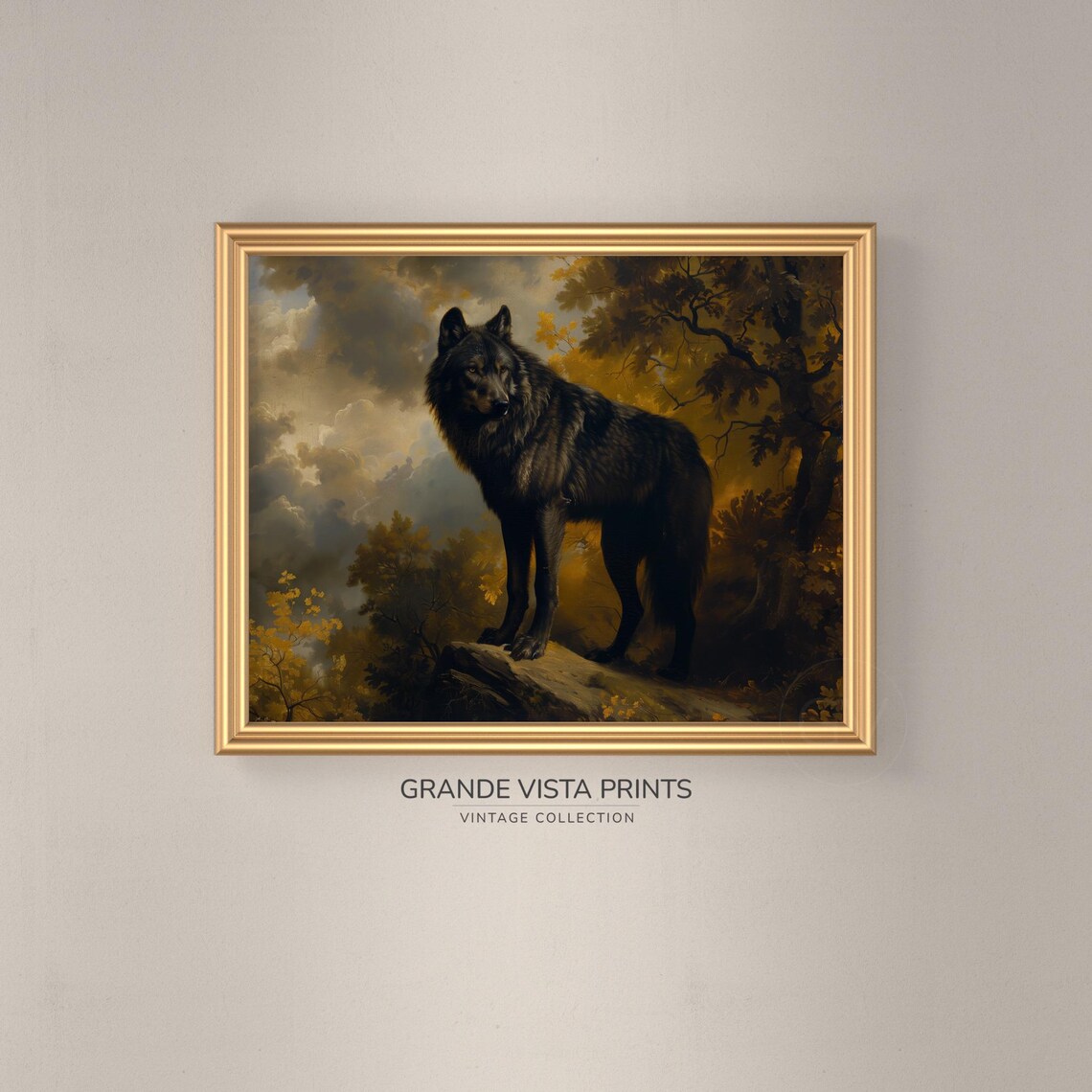 Black Wolf Forest Landscape Painting Art Print - Image 3