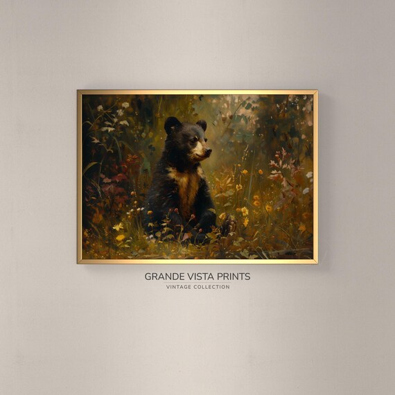Black Bear Cub Golden Meadow Vintage Wildlife Portrait Wall Poster