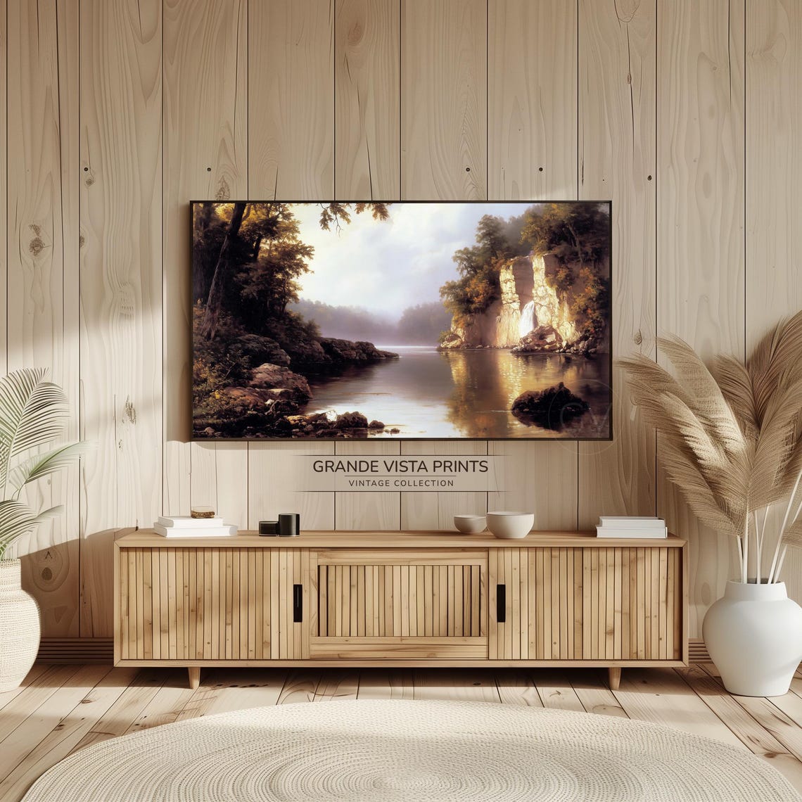 Winding River Tree Lined Cliffs Waterfall Golden Light Vintage Poster - Image 2