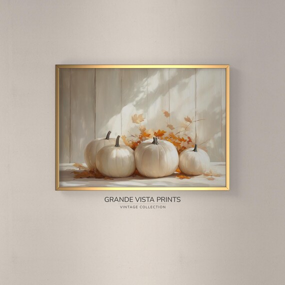 White Pumpkins Four Autumn Leaves Soft Light Vintage Fall Farmhouse Poster