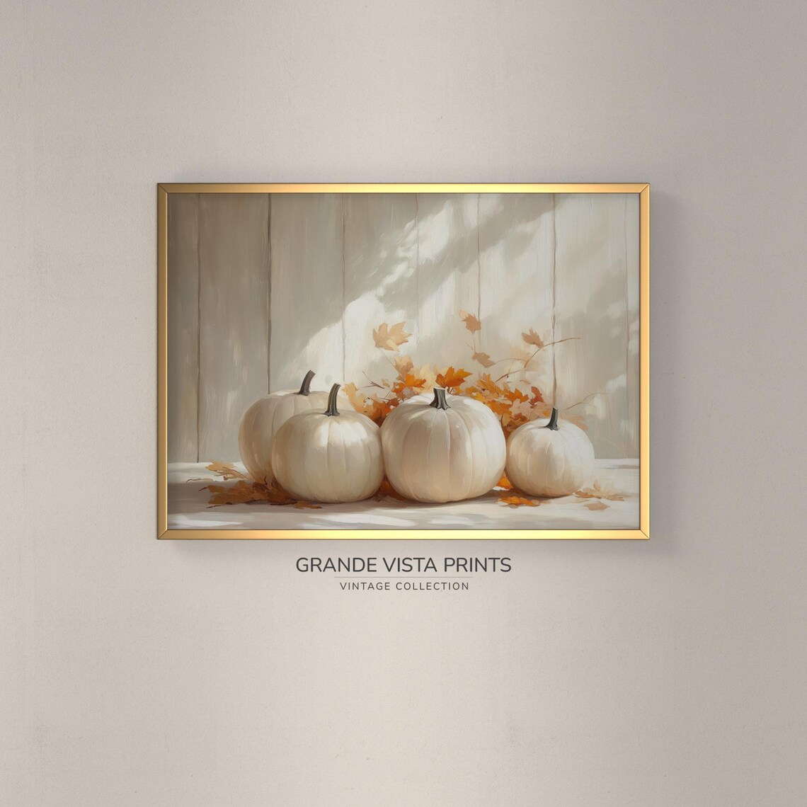 White Pumpkins Four Autumn Leaves Soft Light Vintage Fall Farmhouse Poster