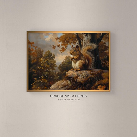 Red Squirrel with Acorn on Rock Autumn Woodland Vintage Poster