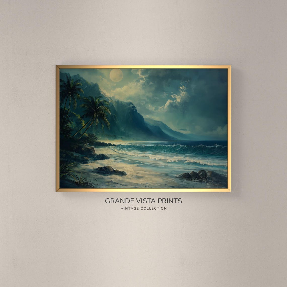 Tropical Night Coast Full Moon Palms Surf Mountain Travel Poster