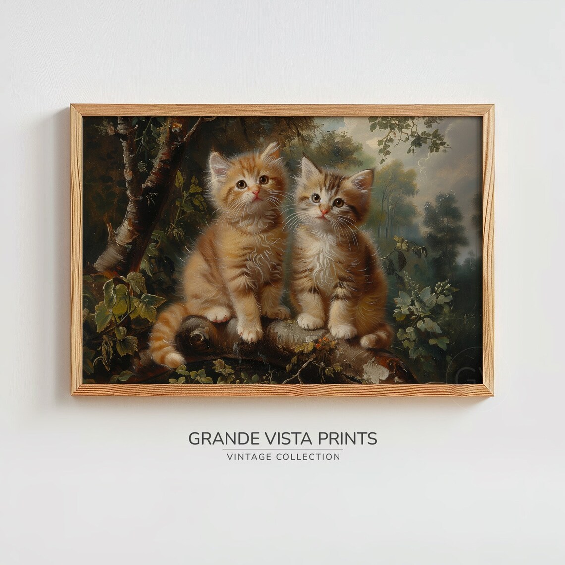 Two Kittens On Tree Branch Vintage Cute Cat Painting Animal Wall Art Poster - Image 3