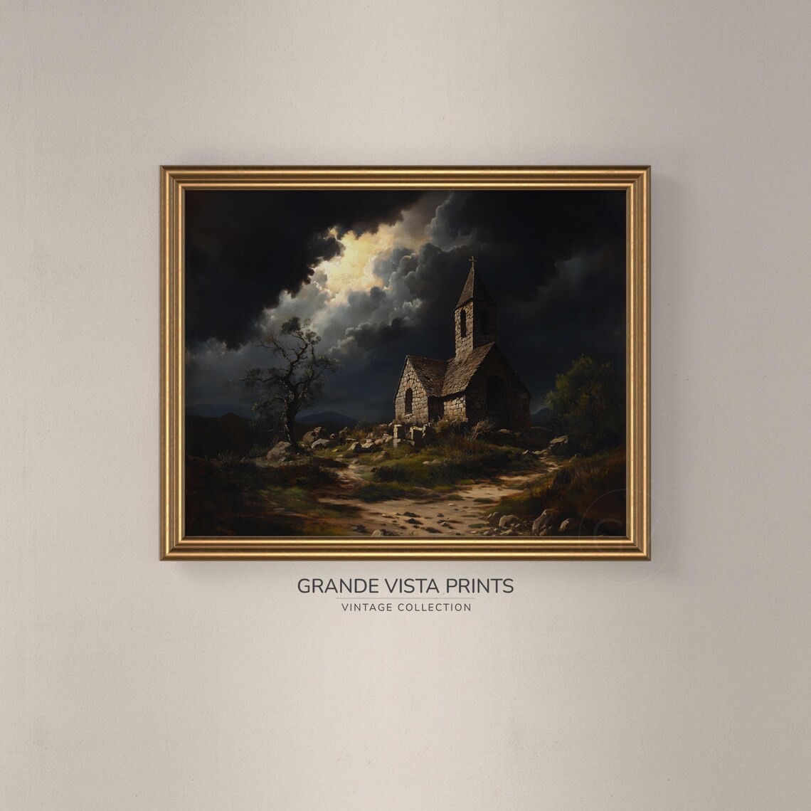 Stone Chapel on Hill Dark Stormy Night Sky Gothic Halloween Art Print - Image 3