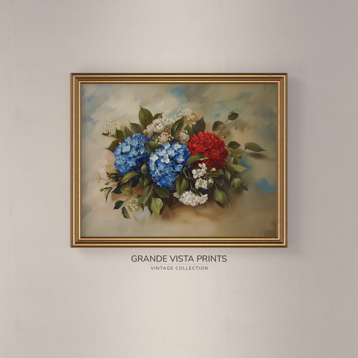 Red Blue Hydrangea Blossom Bouquet Vintage Floral Still Life Poster - Image 3