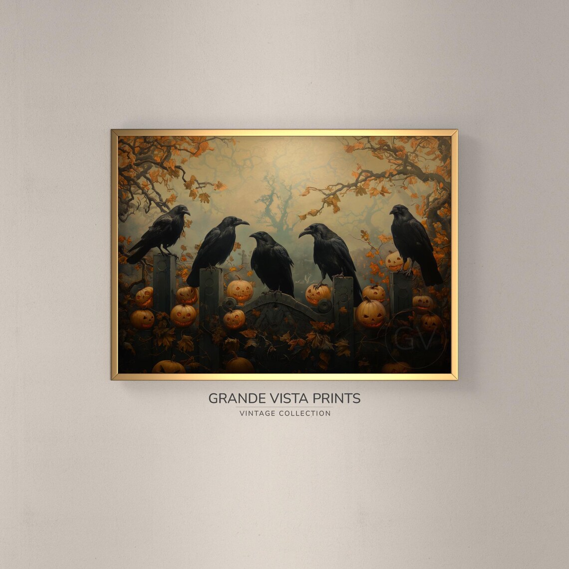 Five Crows Spooky Halloween Illustration Poster