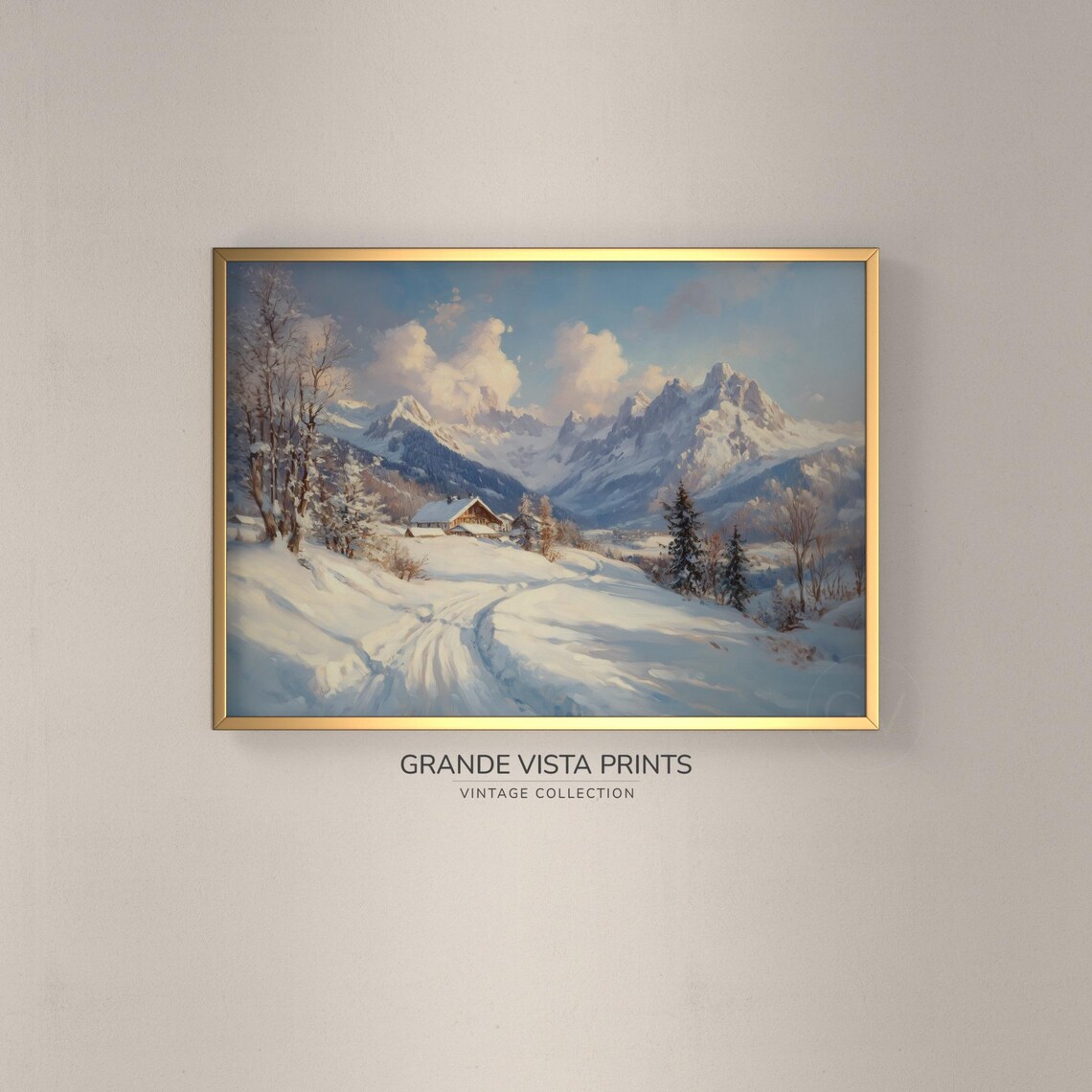 Snowy Alpine Village Cabins Winter Valley Vintage Mountain Poster
