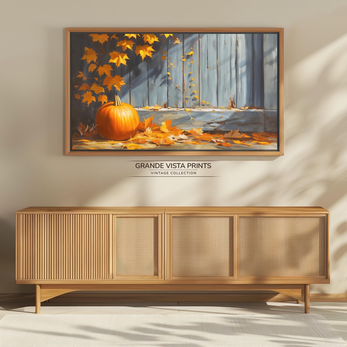 Orange Pumpkin Barn Wall Golden Maple Leaves Fall Harvest Vintage Art Poster - Image 4
