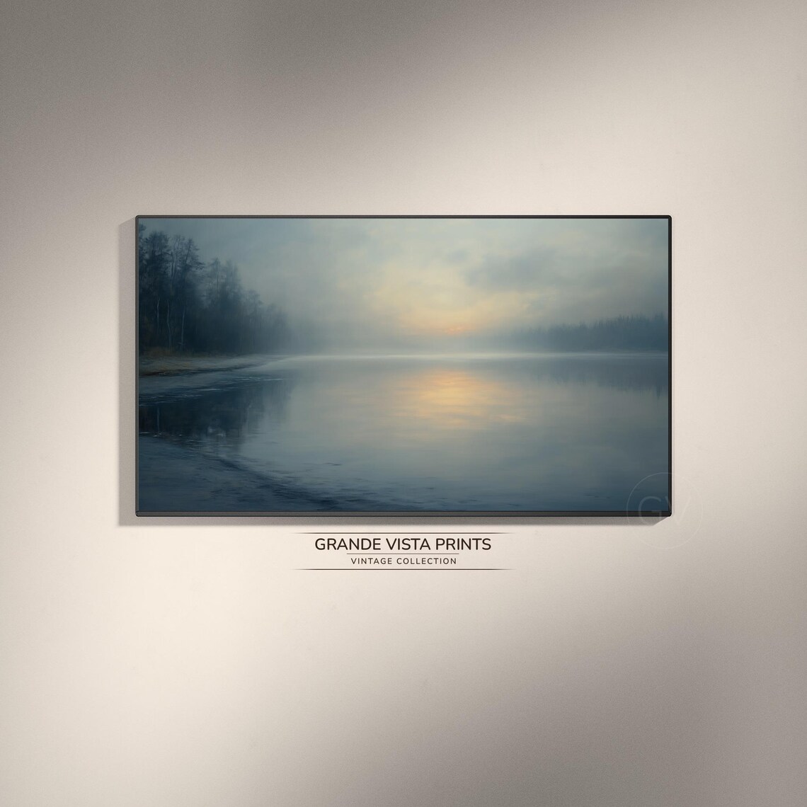 Misty Lake Sunrise Golden Reflection Foggy Shore Painting Poster
