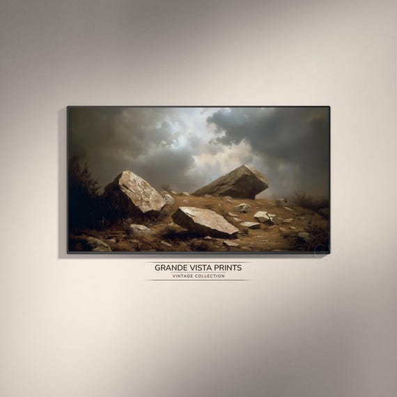 Large Rocks Landscape Painting Wallpaper Rocky Peaks Landscape Frame Tv Artwork Gv4888