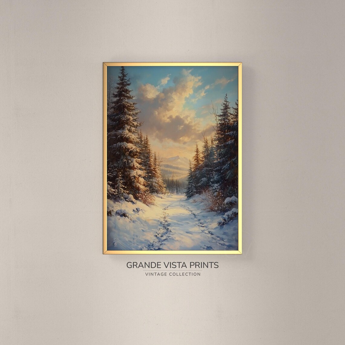 Winter Mountain Forest Trail Wall Art Winter Mountain Landscape Painting Winter Mountain Forest Artwork Gv4769