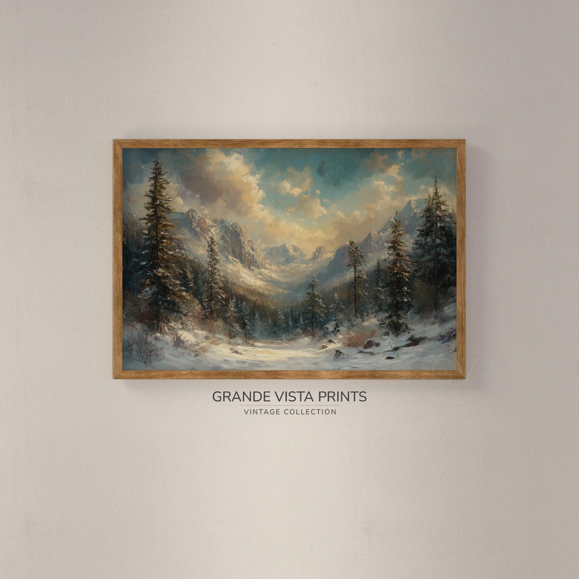 Rocky Snowy Mountain Cliffs Pine Forest Winter Valley Poster - Image 2