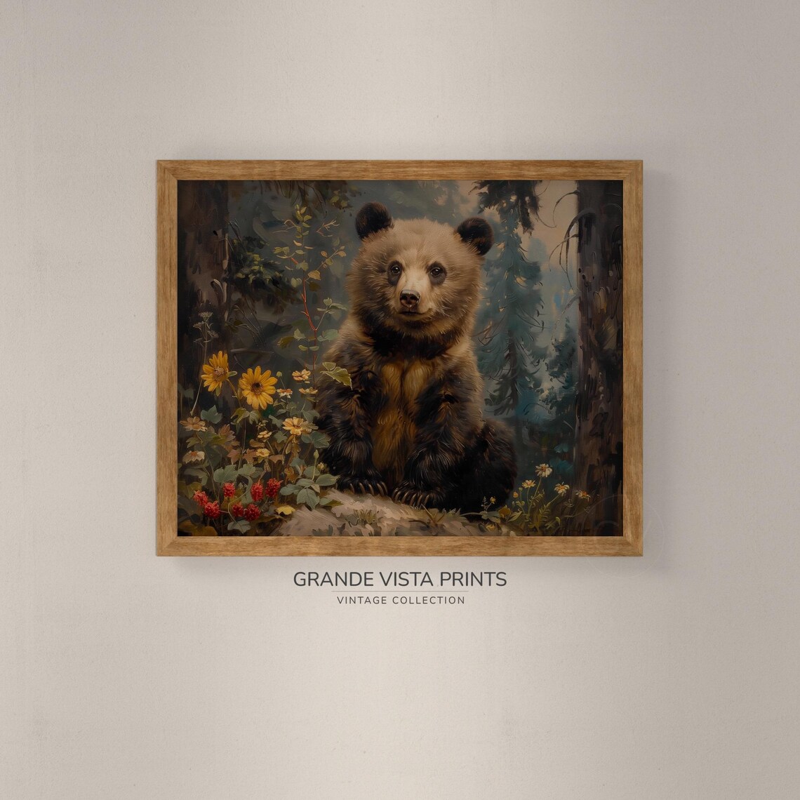 Brown Bear Cub Daisy Forest Vintage Wildlife Portrait Wall Poster - Image 4