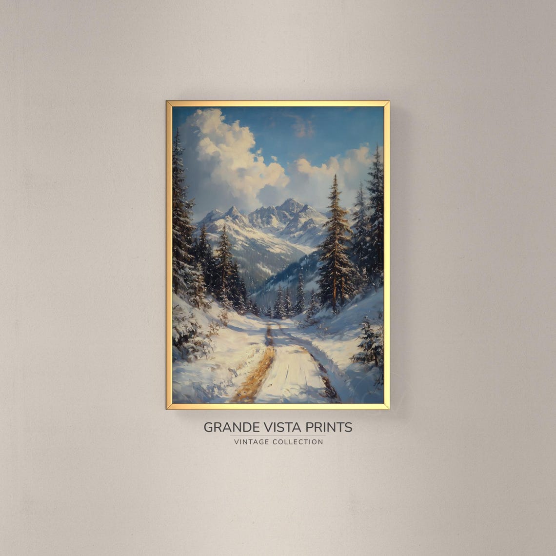 Snowy Mountain Valley Road Bright Blue Sky Winter Landscape Poster