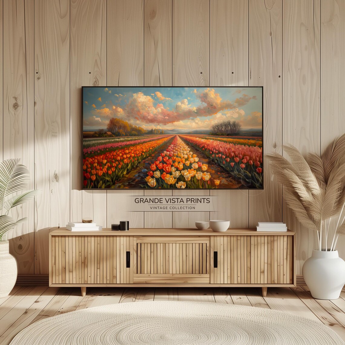 Sunset Tulip Field Rows Red Orange Blossom Farming Valley Poster - Image 2