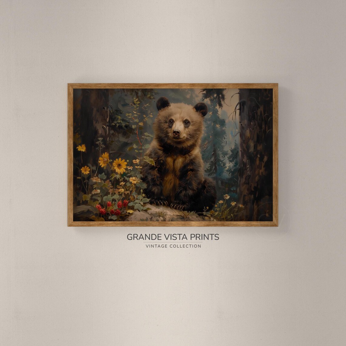 Brown Bear Cub Daisy Forest Vintage Wildlife Portrait Wall Poster - Image 2