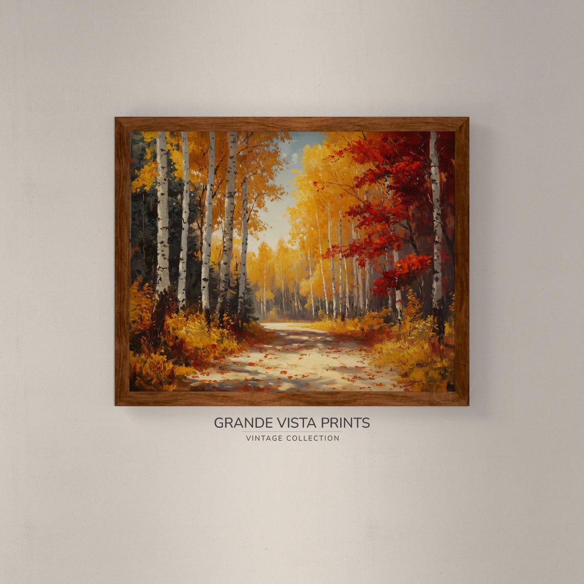 Sun Dappled Birch Alley Golden Canopy Red Accents Fall Road Art Poster - Image 4