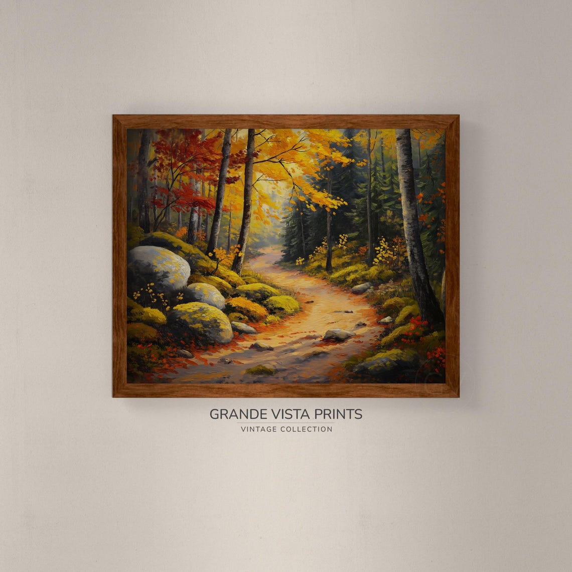 Golden Autumn Woodland Path Mossy Boulders Birch Trees Fall Art Poster - Image 4