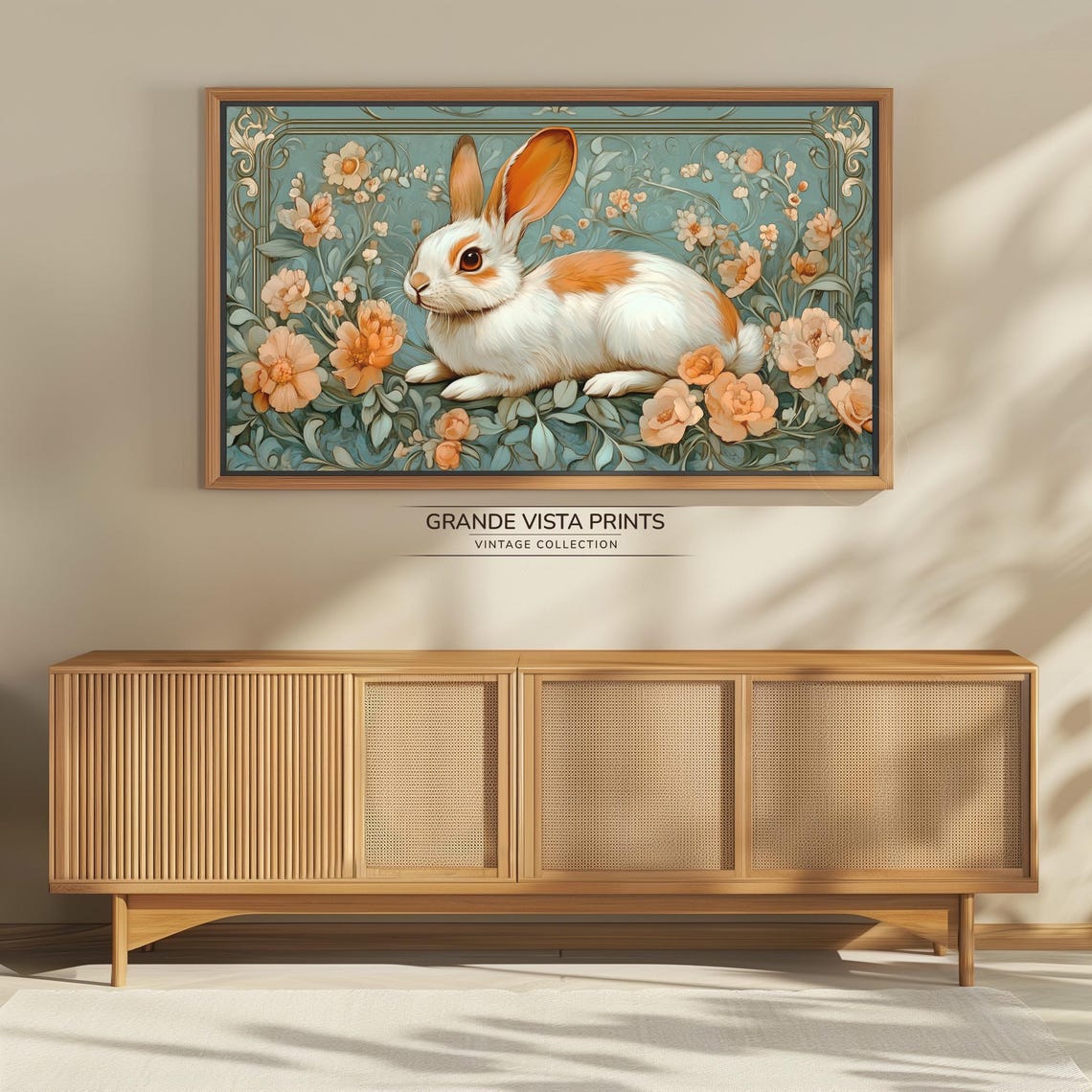 White and Orange Bunny Among Peach Roses Art Nouveau Floral Wall Art - Image 4