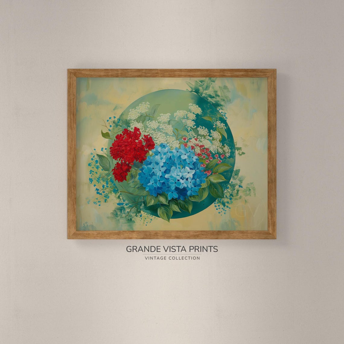 Red Blue White Hydrangea Circle Bouquet Painterly Vintage Floral Print - Image 4