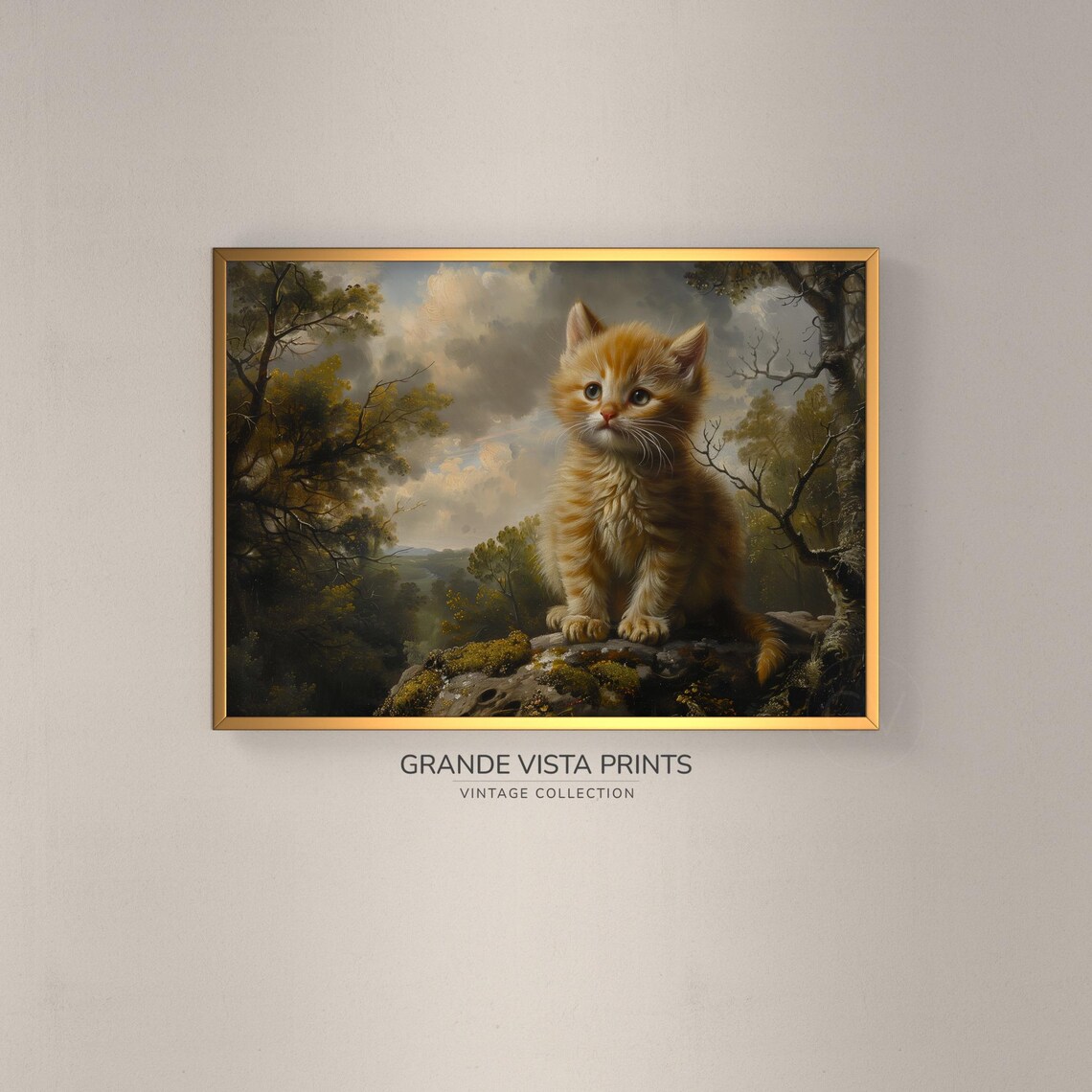 Ginger Kitten On Rock Vintage Cute Orange Cat Painting Animal Wall Art Poster