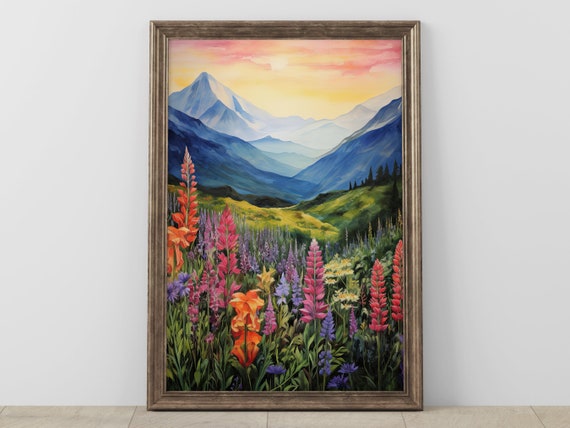 Vibrant Mountain Sunset Painting Colorful Landscape Wall Art Nature Home Decor Instant Large Poster